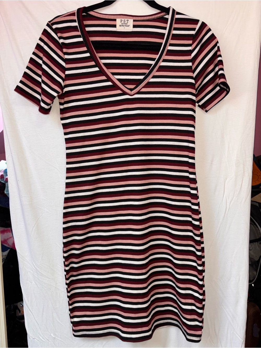 PST Black and Pink Striped V-Neck Ribbed Midi Dress